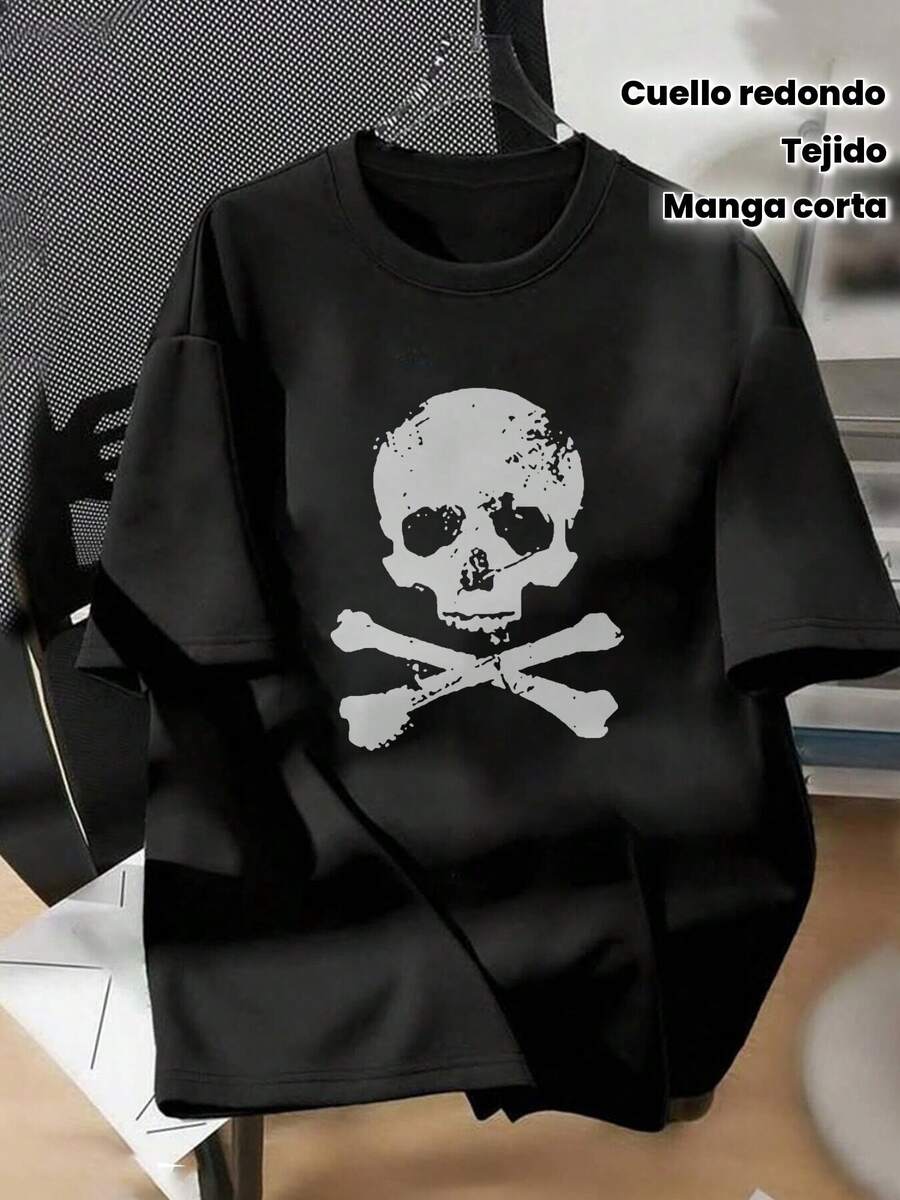 1pc Camiseta Gráfica de Calavera para Mujer, Cuello Redondo Manga Corta de Punto, Tejido Liviano de 200g/m², Moda de Primavera/Verano/Otoño - Negro - Ver 1