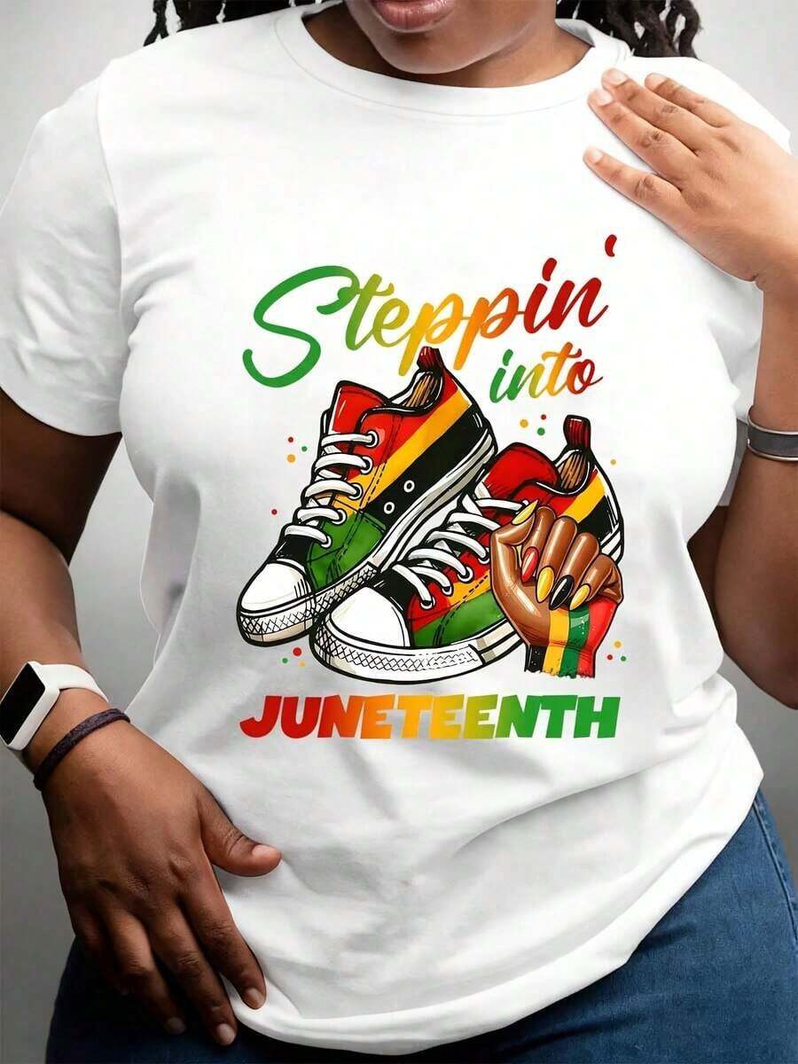 Camiseta de Mujer Juneteenth con Diseño de Zapatillas y Mano Celebrando la Libertad y la Herencia, Perfecta para Eventos, Fiestas y Celebraciones Culturales de Juneteenth - Blanco - Ver 1