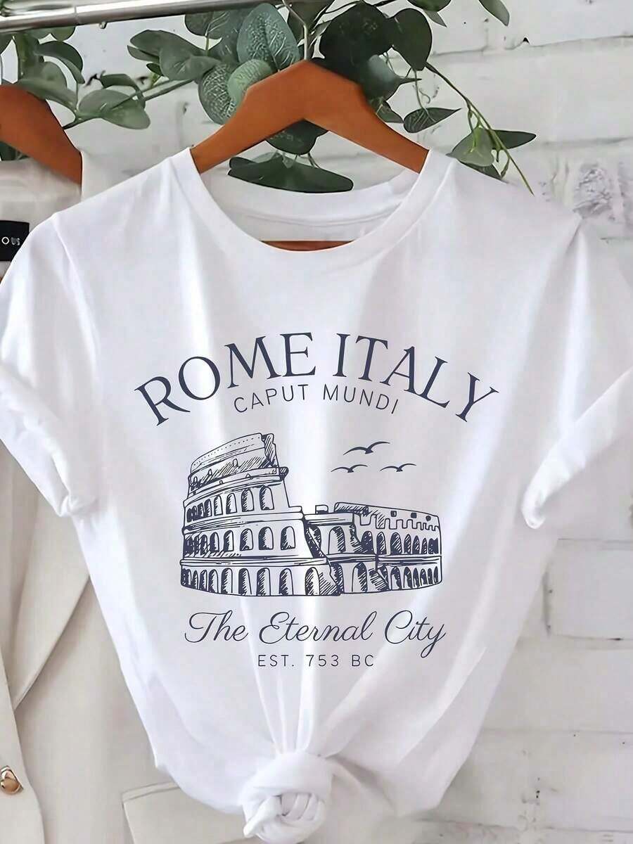 Camiseta con estampado de Roma Italia, camiseta casual de manga corta con cuello redondo para verano y primavera, ropa de mujerPure-Cotton