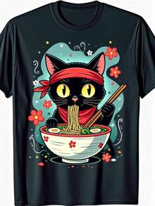 Camiseta Festiva y Divertida para Hombre con Estampado de Gato y Tazón de Ramen - Cuello redondo, mangas cortas, estilo anime japonés con diseño de gato y flores de cerezo, ideal como regalo para el Día de San Valentín/Navidad/Día del Padre, ropa casual para todas las estaciones - Cómoda y versátil. - Negro - Ver 8