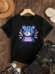 Playera Holgada para Mujer con Diseño de Oso Lindo con Manchas y Rayas, Transpirable - Negro - Ver 2