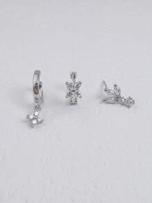 3Pcs Four-Petal Zirconia Small Flower Crown Stud Hoop Stackable Earring For Women, Silver Color Hypoallergenic Tragus Helix Hoops Ear Stud Cartilage Piercing Jewelry For Women Girl - Silver-7 - View 3