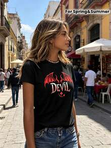Limited Time Offer, Limited Quantities, Flash ! Women's Casual Shirts, Women's Polyester T-Shirts, Stylish Shirts. Women's Polyester T-Shirt With Hip-Hop Print, Short Sleeves, Soft And Comfortable Against The Skin. - 黑色 - 查看 3