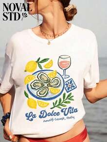 1 Piece Of Women's Casual Cotton T-Shirt, Short Sleeve, Round Neck, Regular Hem And "La Dolce Vita" Print, A Modern Top For Everyday Wear. 180g 100% Cotton. - 白色 - 查看 6