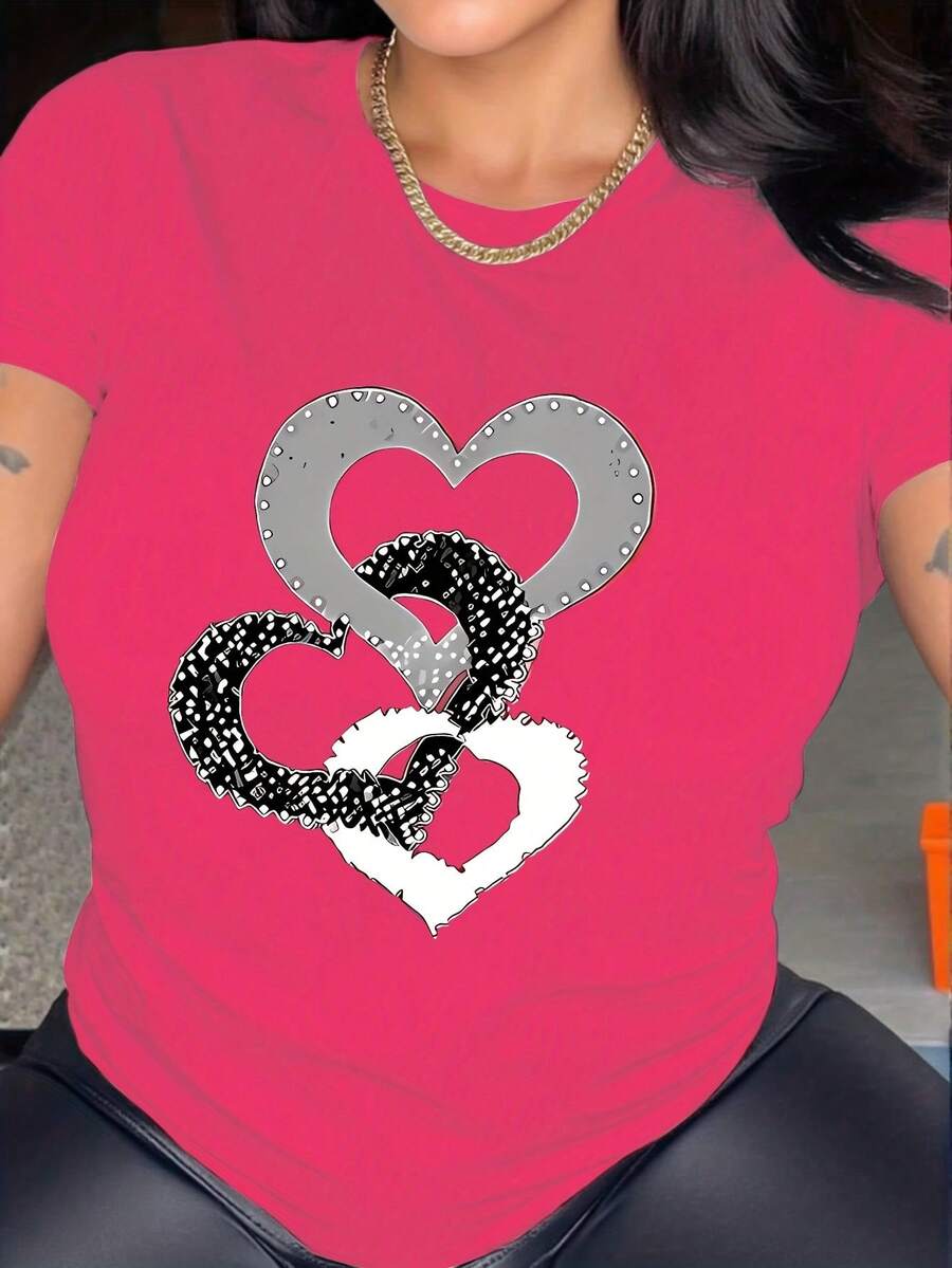 Nueva camiseta de manga corta para mujer, primavera/verano 2025, sencilla y elegante con estampado de anillos en forma de corazón, camiseta versátil de cuello redondo para uso diario, diseño circular - fácil de lavar y mantener para el uso cotidiano.
