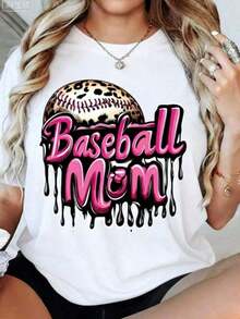 1 Piece Women's "Baseball Mom" Print T-Shirt - Short Sleeve T-Shirt With Round Neck And Leopard Print Design And Water Drop Effect, With Pink Lettering, Soft And Breathable Fabric, Perfect As A Mother's Day Gift Or For Casual Wear, "Baseball Mom" T-Shirt, Vintage Y2K Style, Graphic T-Shirt, Loose Fit Casual Tops, Soft And Breathable Cotton Short Sleeve, Summer Beach Set, 180g 100% Cotton. - 黑色 - 查看 7