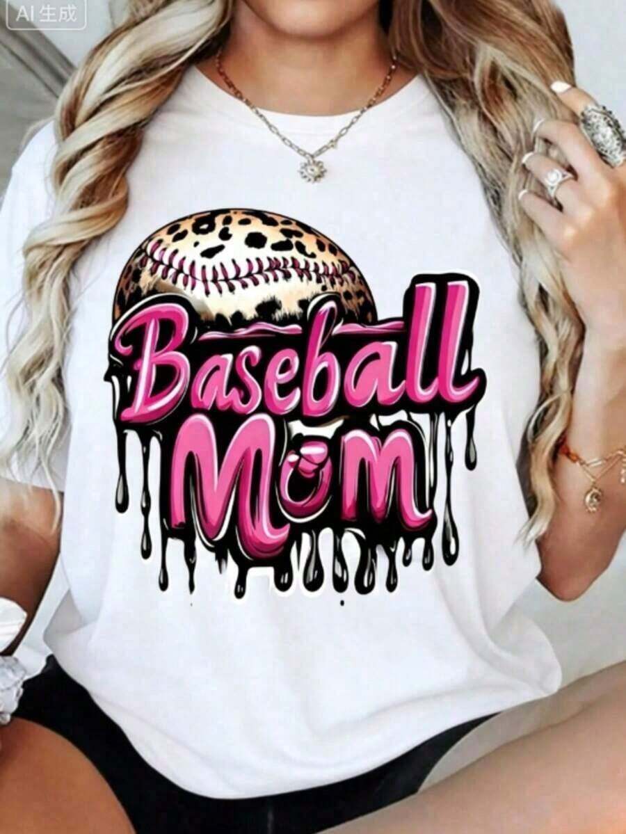 1 Piece Women's "Baseball Mom" Print T-Shirt - Short Sleeve T-Shirt With Round Neck And Leopard Print Design And Water Drop Effect, With Pink Lettering, Soft And Breathable Fabric, Perfect As A Mother's Day Gift Or For Casual Wear, "Baseball Mom" T-Shirt, Vintage Y2K Style, Graphic T-Shirt, Loose Fit Casual Tops, Soft And Breathable Cotton Short Sleeve, Summer Beach Set, 180g 100% Cotton. - 白色 - 查看 1