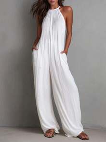 White Wide-Leg Jumpsuit With Pleats And Open Back, Perfect For A Holiday Look. - White - View 6