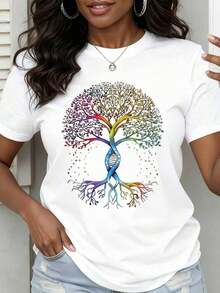 Women's White T-Shirt With Colorful Tree Of Life Design - Unisex Urban Vintage Style, 100% Cotton Short Sleeve T-Shirt With Round Neck - 白色 - 查看 7
