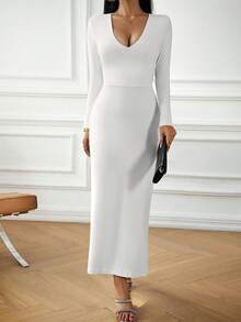 New Women's Autumn Dress, Sexy, V-Neck, Long Sleeve, Fitted Bodycon Cut, Elegant And Flattering Design, Perfect For Dates, Daytime Looks And Casual Occasions - 白色 - 查看 2