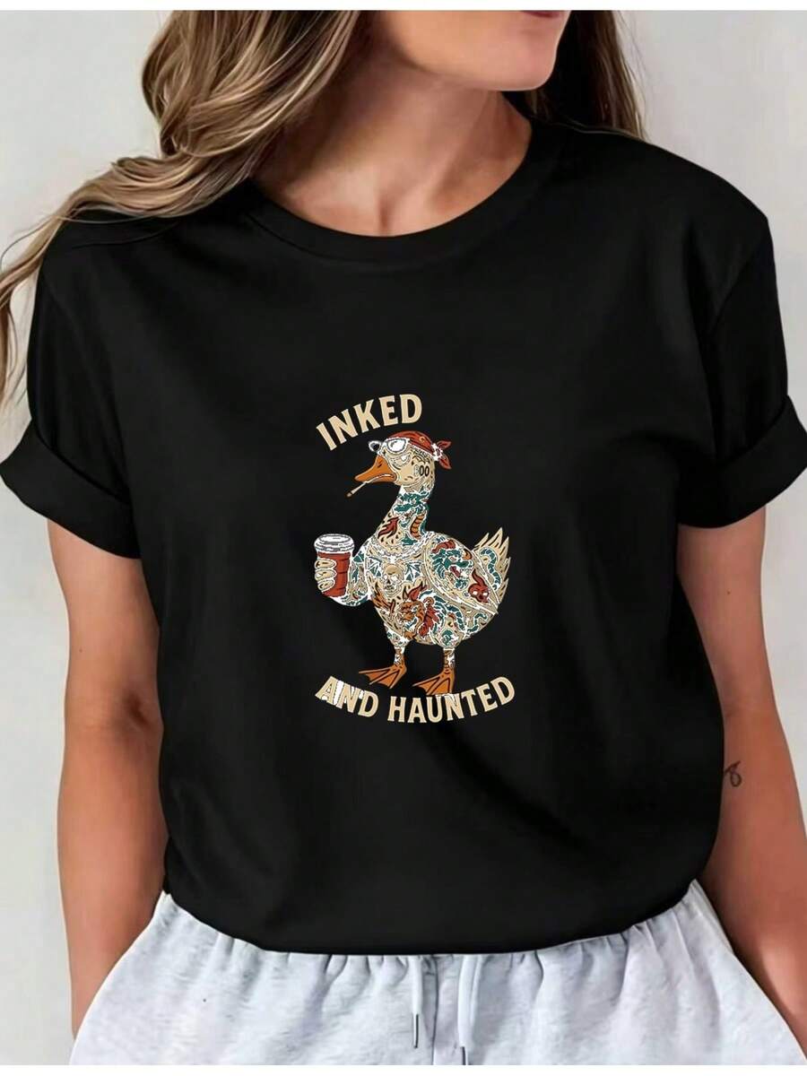 New Summer 2026 T-Shirt With Creative Duck Print, Casual Style For Women, Short Sleeve, Round Neck, For Spring And Summer Vacation, Machine Washable, New Versatile Clothing For Women, Urban Style Yi01, Casual Round Neck Top, Comfortable Clothing For Women - 黑色 - 查看 1