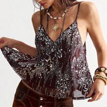 Ropa de abrigo bohemia para invierno/primavera/verano, parte superior de tirantes elegante con volantes y lentejuelas de unicolor para mujer, estilo occidental y campestre para conciertos y fiestas, adecuado para vacaciones en la playa, uso diario, vuelta al colegio, salidas y fiestas, Año Nuevo, San Valentín - Naranja - Ver 2