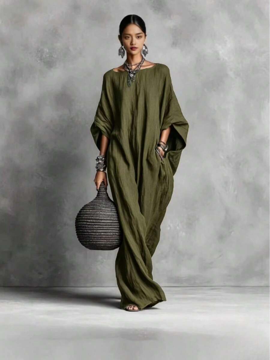 Elegant Solid Color Casual Maxi Dress, European American Retro Style 2026, Women's Long Sleeve Off-Shoulder - 軍綠色 - 查看 1