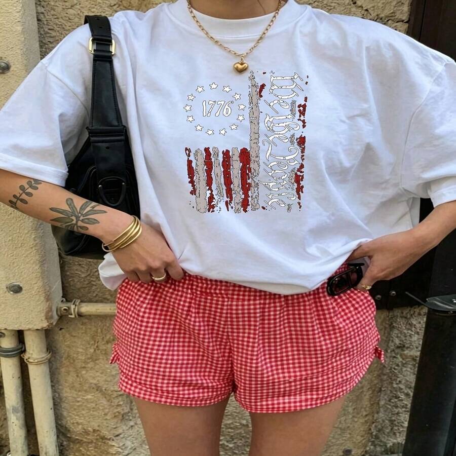 Heartfelt Daily Casual Graphic T-Shirt 100% Cotton Oversized Soft Breathable Casual Crewneck Short Sleeve Top Vintage Aesthetic Red White Stripes Stars 1776 Design For Casual Wearers Fashion Lovers Daily Outfit Enthusiasts Gift Givers - 白色 - 查看 1
