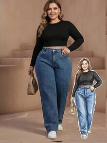 Jeans de pierna ancha para mujer talla grande, diseño de bolsillo lavado largo, sin estiramiento, adecuado para uso diario en primavera - Azul - Ver 1