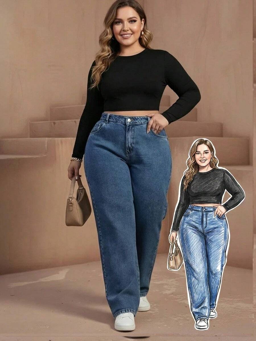 Jeans de pierna ancha para mujer talla grande, diseño de bolsillo lavado largo, sin estiramiento, adecuado para uso diario en primavera - Azul - Ver 1