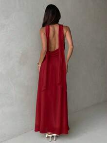Vestido de mujer con cuello drapeado, línea A, fluido y con lazo en la espalda, color amarillo - Rojo - Ver 2