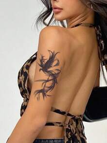 1 Herbal Tattoo Sticker, Black And White Ink Smoke Style Phoenix, Vertical Long Strip Temporary Tattoo Sticker, Washable, PVC, Disposable, Waterproof And Sweatproof, Suitable For Arms, Waist, Abdomen, Back, Legs, Non-Reflective, Realistic Tattoo, Suitable For People, For Daily Use, Lasts 7-14 Days - Black - View 5