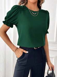 informal de cuello redondo de manga corta y unicolor para mujer, verano - Verde Oscuro - Ver 3