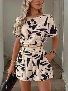 Camisa de mujer con hombros caídos, cintura ceñida y dobladillo, y shorts de mujer decorados con bolsillo, estampado floral, conjunto elegante casual de vacaciones - Multicolor 3 - Ver 11