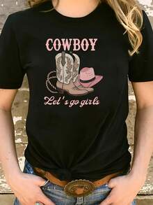 Camiseta Deportiva Casual para Mujer, Cuello Redondo Manga Corta, Estampado de Botas Vaqueras, Ropa de Mujer - Blanco - Ver 6
