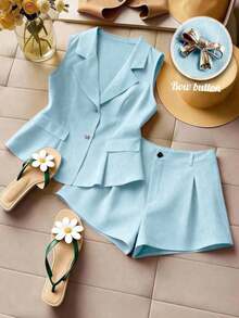 de dos piezas de tela elegante de verano para mujer de talla grande, chaleco abierto, lazo, decoración con botones, pantalones cortos con diseño de botones 3D, adecuado para graduación, vacaciones, San Valentín, festivales de música, Día - Celeste - Ver 2
