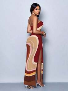 Vestido maxi elegante de fiesta con estampado de rayas abstractas y colores vibrantes, diseño ceñido y sexy, perfecto para salir, fiestas y vacaciones - Multicolor 12 - Ver 2