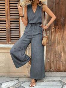 Mono de mujer sin mangas, con cuello en V, de tela texturizada, tipo body con bolsillos, estilo vacacional - Gris - Ver 4