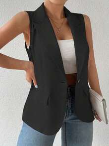 informal sin mangas con cuello francés y botones de unicolor para mujer de talla grande - Negro 2 - Ver 5
