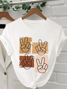 Women's Loose And Casual Vacation T-Shirt With Peace Symbol Print, Informal And Versatile, Suitable For Daily Outings, Travel, Vacation, Street Walks, Shopping And Other Occasions With Friends And Family, Short Sleeve T-Shirt For Daily Use, White Knit T-Shirt, A Must-Have For Summer, Women's T-Shirt For Summer. - 黑色 - 查看 7