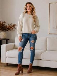 Women's Blouse Puff Sleeve Thick Round Neck Winter Knit - White - View 6
