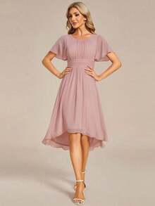 Vestido de dama de honor de gasa con pliegues y mangas con volantes, vestido de noche elegante para invitados de boda en primavera - Rosa - Ver 5