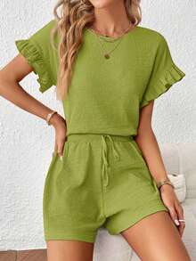 Top de manga con volante & Shorts de cintura con cordón - Verde lima - Ver 3