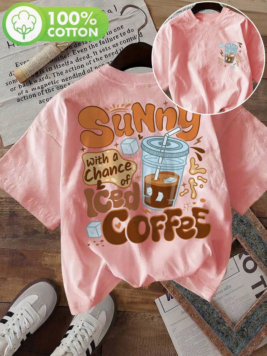 [Double-Sided Printing] Fashionable Women's Top, Women's Summer Clothing, American Style, Coffee Color, Printed With The Word Sunny, Round Neck, Pure Cotton Short-Sleeved T-Shirt, Comfortable And Soft, Cotton T-Shirt For Daily Wear. - 粉紅色 - 查看 1