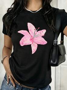 1 Piece Of Women's Plus Size Loose Fit T-Shirt, 100% Cotton, With Dropped Shoulders, Printed With Watercolor Pink Lily Designs, Perfect For Summer Beach, Vacation, Etc. - 黑色 - 查看 2