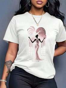 Women's Short-Sleeved T-Shirt, Size - Women's Short-Sleeved T-Shirt, Size, With Artistic Imitation Pearl Print, Elegant, Ballerina Style, Pink Color, Pearl, Comfortable Casual Top For Daily Wear, Suitable For The Autumn Environment, Breathable And Slightly Elastic, Machine Washable. - 白色 - 查看 5