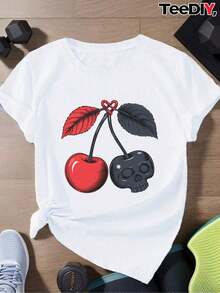 Camiseta deportiva casual de manga corta para mujer Cherry Skull, suave y de corte vertical, adecuada para uso diario, oficina, escuela, vacaciones, camping, de estilo versátil, que hace que tu verano sea más vibrante y colorido. - Blanco - Ver 1