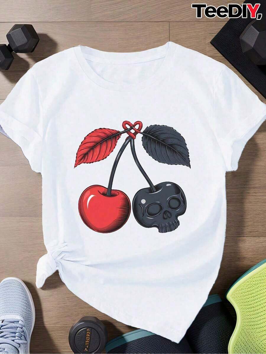 Camiseta deportiva casual de manga corta para mujer Cherry Skull, suave y de corte vertical, adecuada para uso diario, oficina, escuela, vacaciones, camping, de estilo versátil, que hace que tu verano sea más vibrante y colorido. - Blanco - Ver 1
