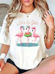 Women's Casual Summer Style Short-Sleeved Plus Size T-Shirt With Flamingo And Watermelon Design, "Let's Go Girls" Print, Ideal For Beach Holidays, Gift For Her, 100% Cotton. - 白色 - 查看 6