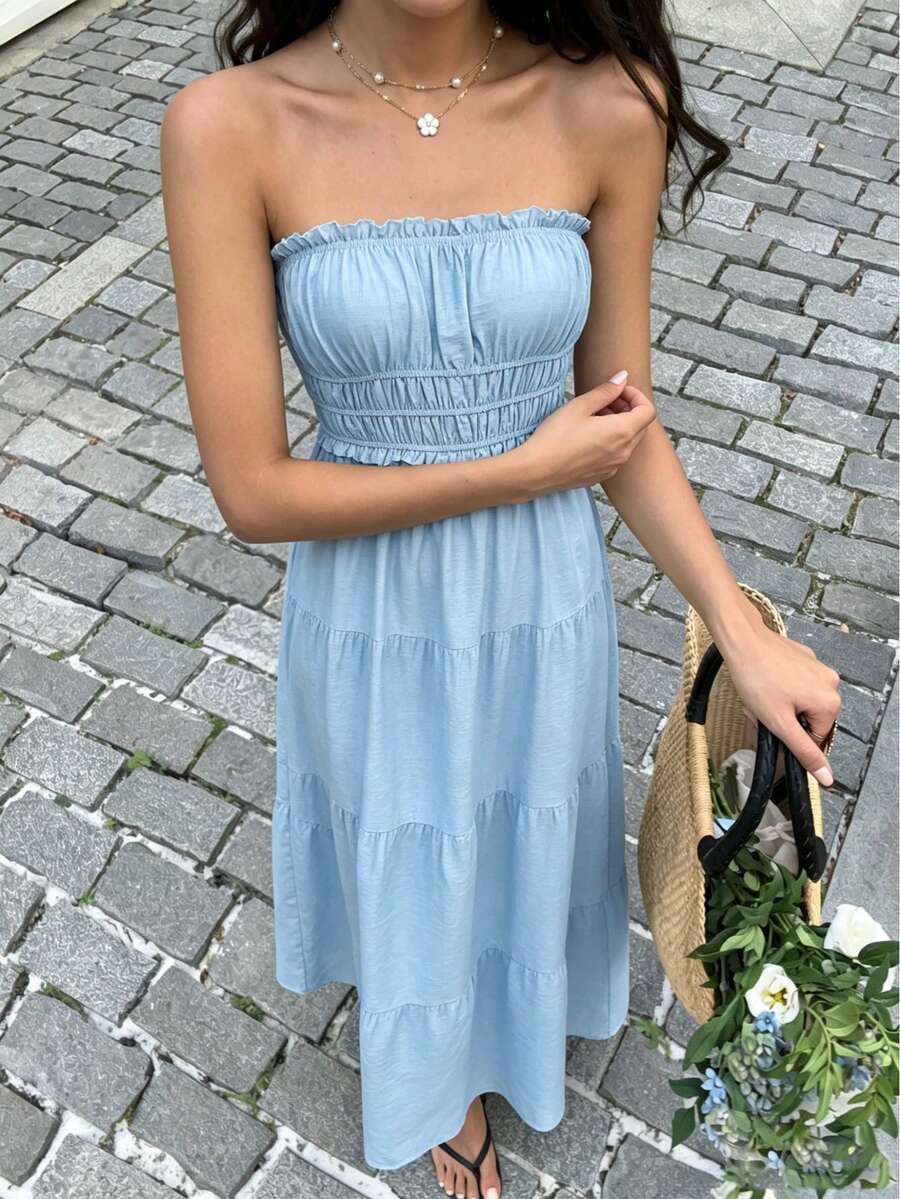 Blaues ärmelloses rückenfreies Volantkleid, Damen lässig Boho Stil trägerloses langes Kleid geeignet für Strand, Urlaub, Party - Babyblau - Übersicht 1