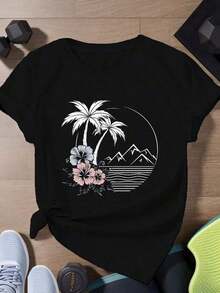 White T-Shirt With Palm Tree Print - Loose Fit, Short Sleeve, Round Neck, With Geometric Palm Tree Print, Casual Beachwear And Everyday Wear, Machine Washable, Totally Comfortable T-Shirt, Blouses For Women - 黑色 - 查看 6