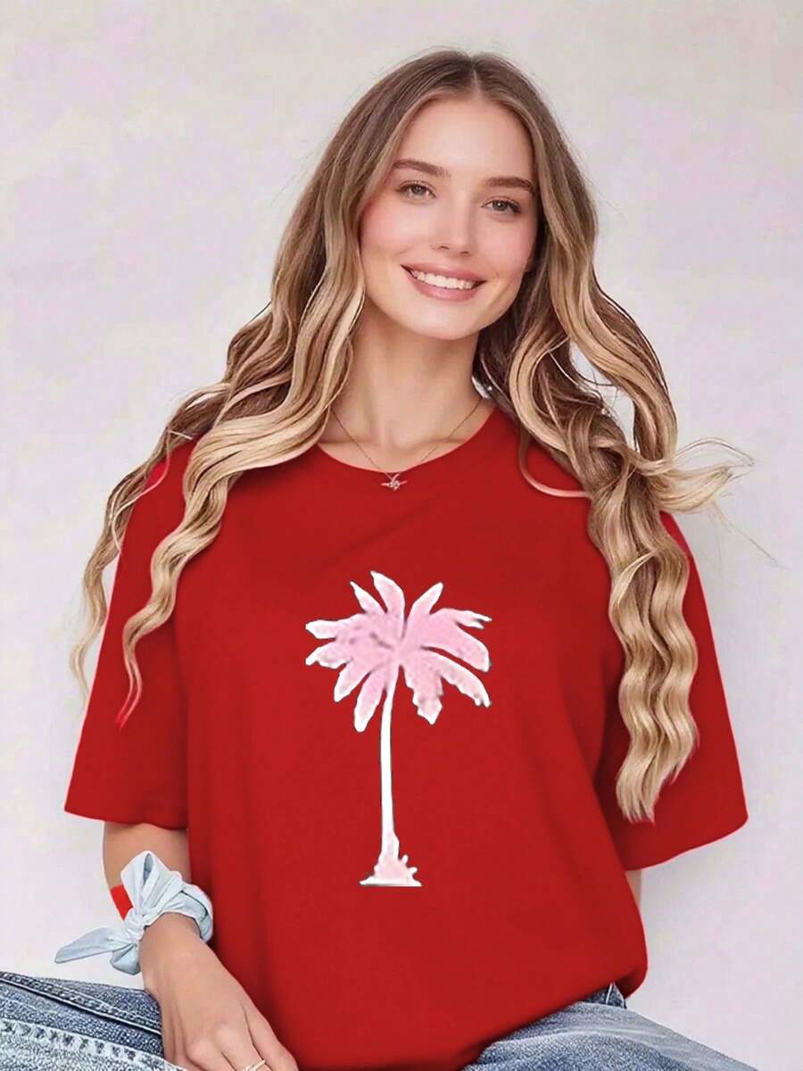 Camiseta de Mujer de Color Sólido - Midnight Palm Delight: Camiseta de Mujer - Moda - Rojo - Ver 1