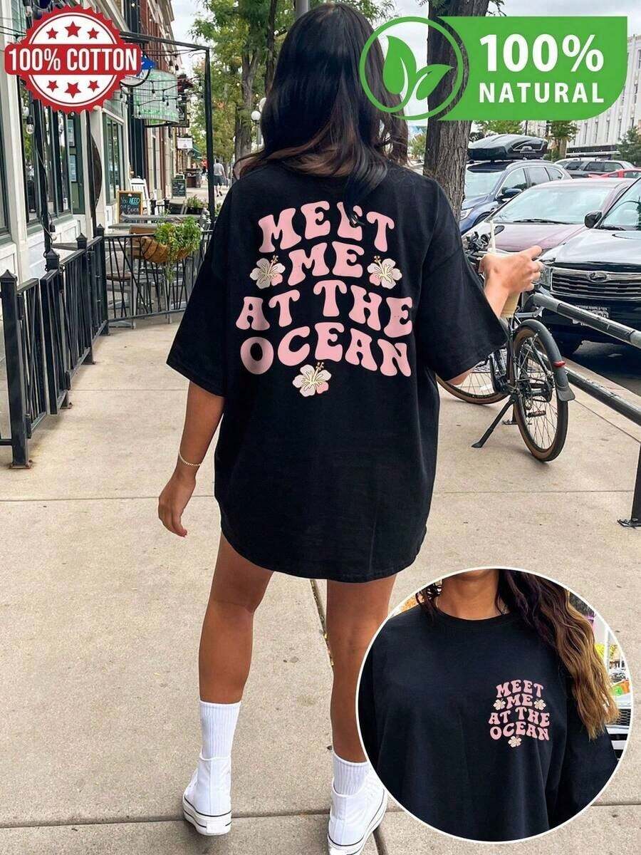 T-Shirt de Algodón 100% con Estilo Oversize y Diseño Único Melt Me at the Ocean Flores Urbanas Ideal para Verano Ropa Juvenil Cómoda y Moderna Perfecta para Salidas Casual y Playa Trendy USA 2023 - Negro - Ver 1