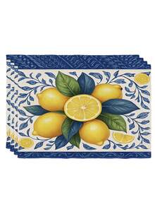 2/4/6 Piezas Manteles individuales rectangulares resistentes al calor con estampado de Hortensias, Mariposas, Limones, Fresas y Manzanas, en estilo rústico para el hogar, cocina, comedor y fiestas - Azul - Ver 11