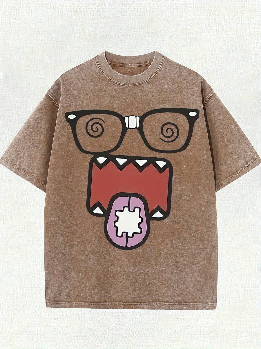 Men's And Women's 220g Washed Vintage Urban Style T-Shirt - Funny Cartoon Character With Black Frame Glasses And Pink Swirl Print, Loose Round Neck, Short Sleeve, Casual Summer Top, Funny Print T-Shirt, Soft Textured Shirt. - 咖啡色 - 查看 1