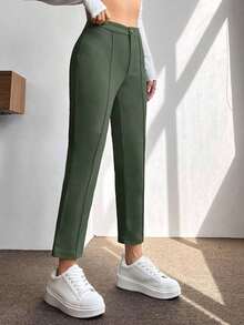 PETITE Pantalones De Mujer De Primavera De Cintura Alta Con Pliegue Prensado Cónico - Verde Oliva - Ver 4