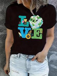 Camiseta única Love diseño colorido con mundo y flores estilo y2k perfecta para mostrar tu amor por la naturaleza y el medio ambiente ideal para tus looks casuales y atrevidos disponible en varias tallas para todas las mujeres que quieren destacar en su estilo - Negro - Ver 8