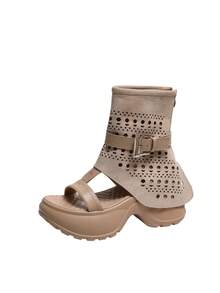Women's Hollow Out Sandals, Open Toe Ankle Strap Boots With Buckle, Back Zipper Wedge Heel Platform Roman Gladiator Casual Summer Shoes - Beige - View 9