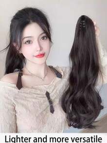 1件女款馬尾抓夾式接髮片，長捲馬尾假髮，高馬尾仿真髮，逼真大波浪自然無痕編髮 - 彩色 - 查看 2