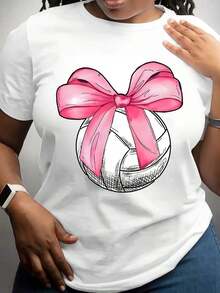 100% algodón, Camiseta de mujer, Camiseta casual de voleibol con estampado de lazo rosa para uso diario y para fanáticos de los deportes-220 - Blanco - Ver 8